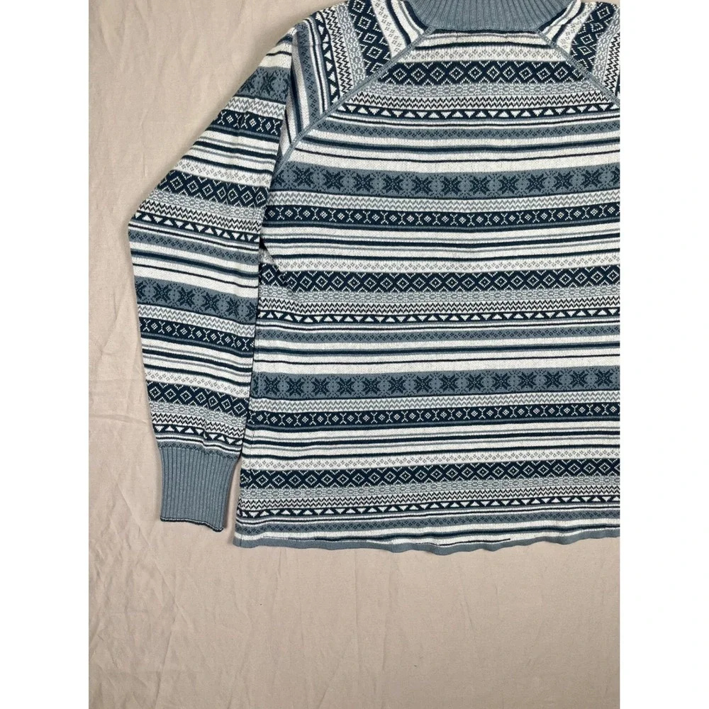 Eddie Bauer Quarter Zip Sweater Mens Medium Blue Nordic Fair Isle Cotton Blend‎